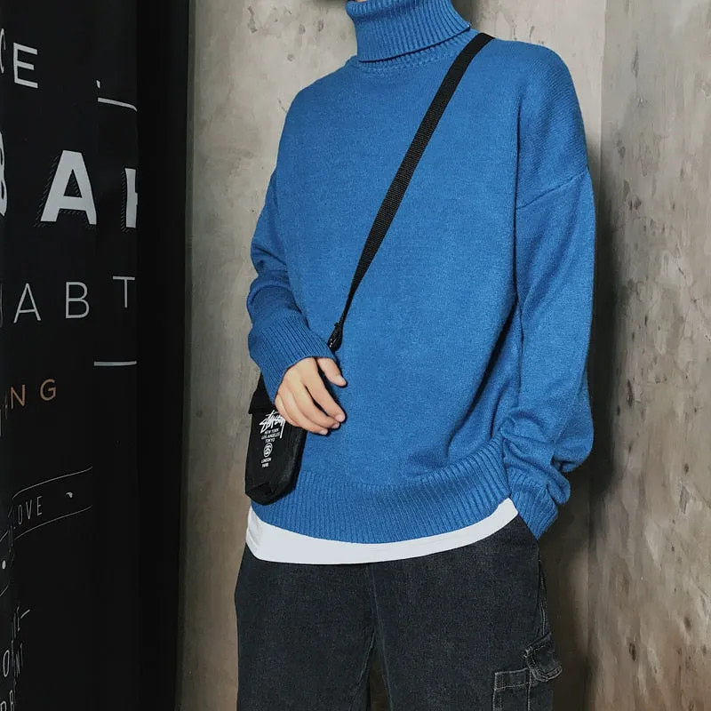 Jinquedai Men Oversized Turtleneck Sweaters Winter Korean Fashions Pullover Harajuku Black Knitwear