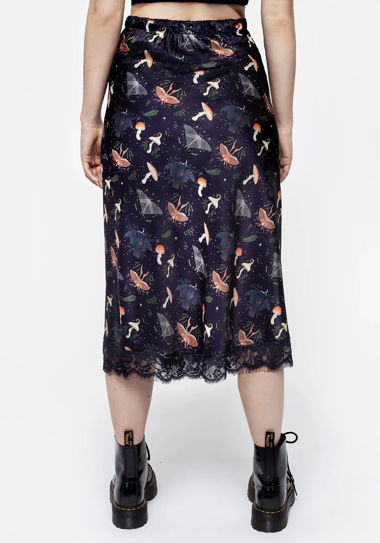Medeina Print Lace Trim Satin Midi Skirt